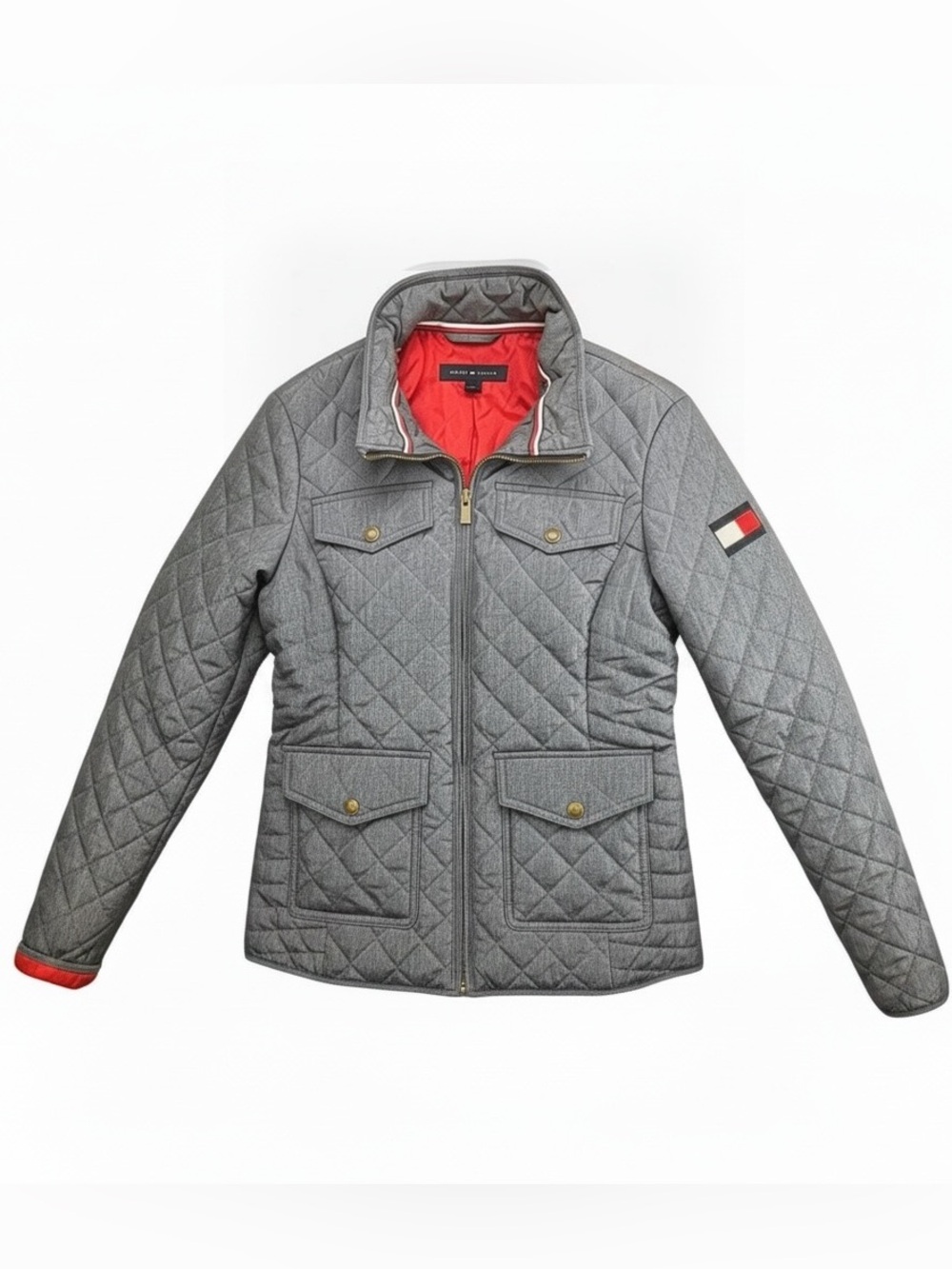 Tommy Hilfiger Quilted Utility winter Jacket Women’s Small Gray Hooded Zip-Up
